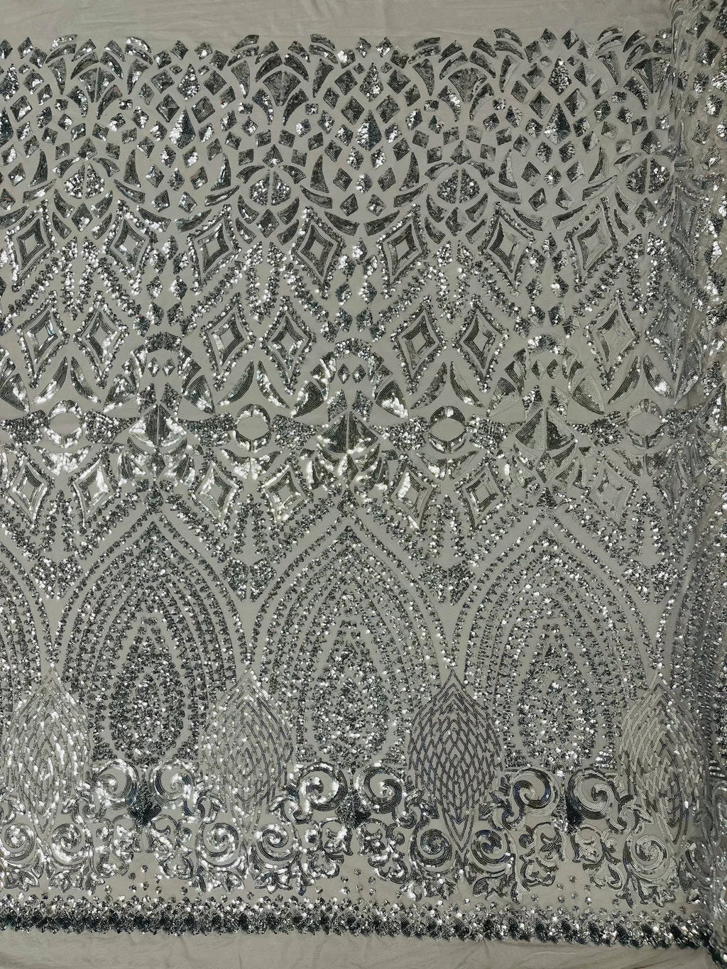 Geometric Pattern Sequins - Silver - 4 Way Stretch Colorful Shine Designer Sequins By Yard