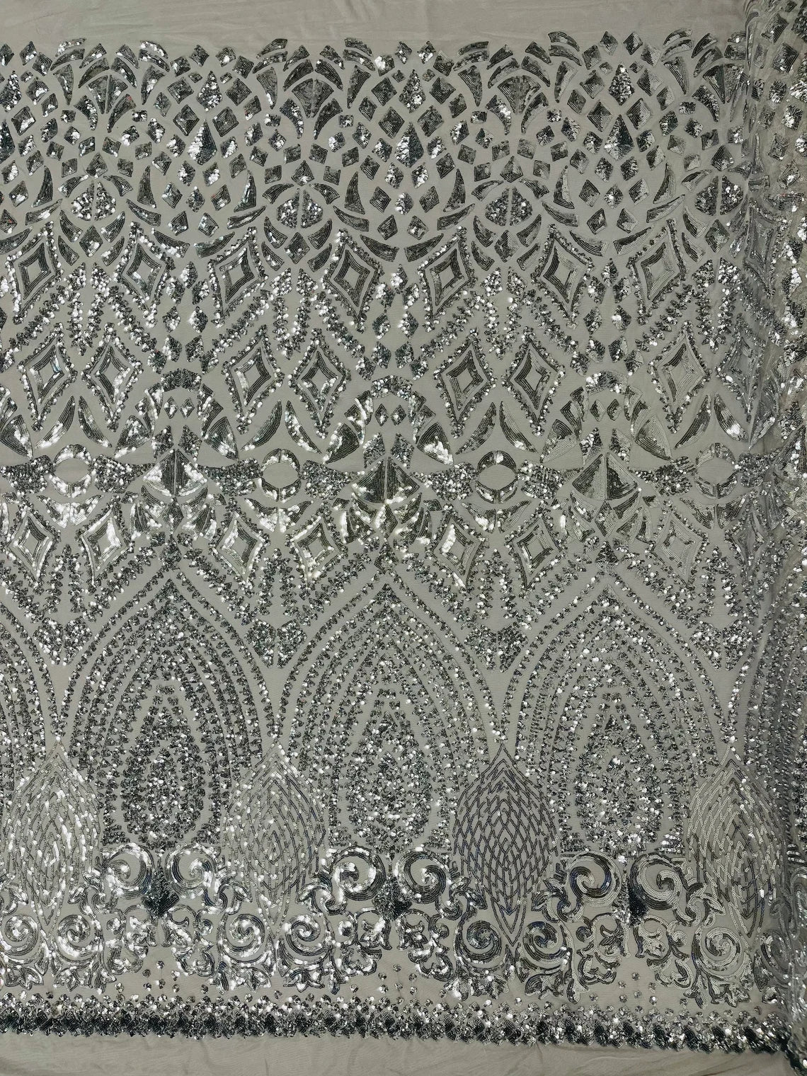 Geometric Pattern Sequins - Silver - 4 Way Stretch Colorful Shine Designer Sequins By Yard