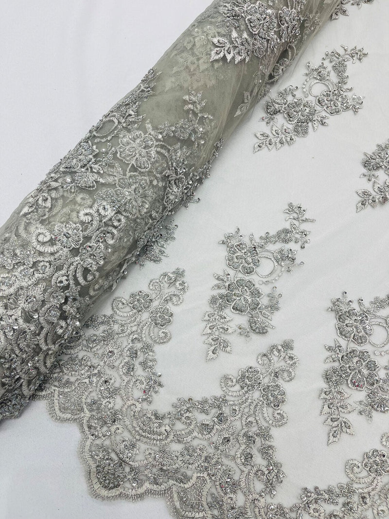 Beaded Floral Fabric - Silver