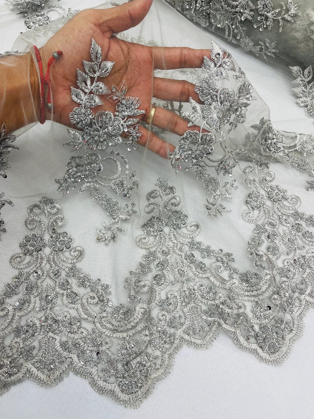 Beaded Floral Fabric - Silver #2 - Embroidered Flower Cluster Beaded Fabric Sold By Yard