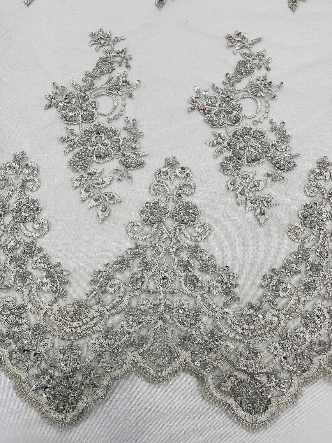 Beaded Floral Fabric - Silver #2 - Embroidered Flower Cluster Beaded Fabric Sold By Yard