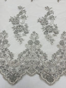 Beaded Floral Fabric - Silver
