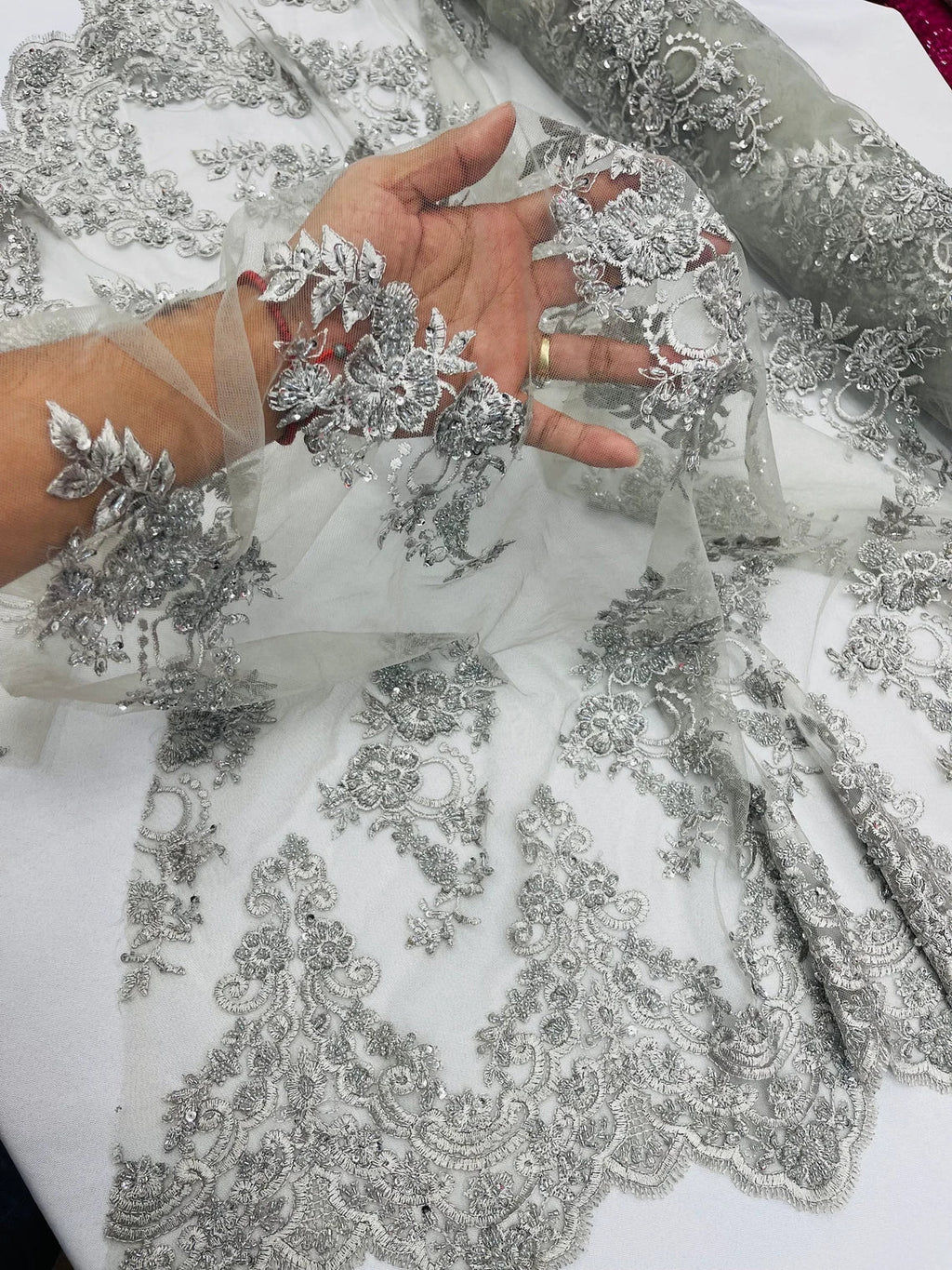 Beaded Floral Fabric - Silver #2 - Embroidered Flower Cluster Beaded Fabric Sold By Yard