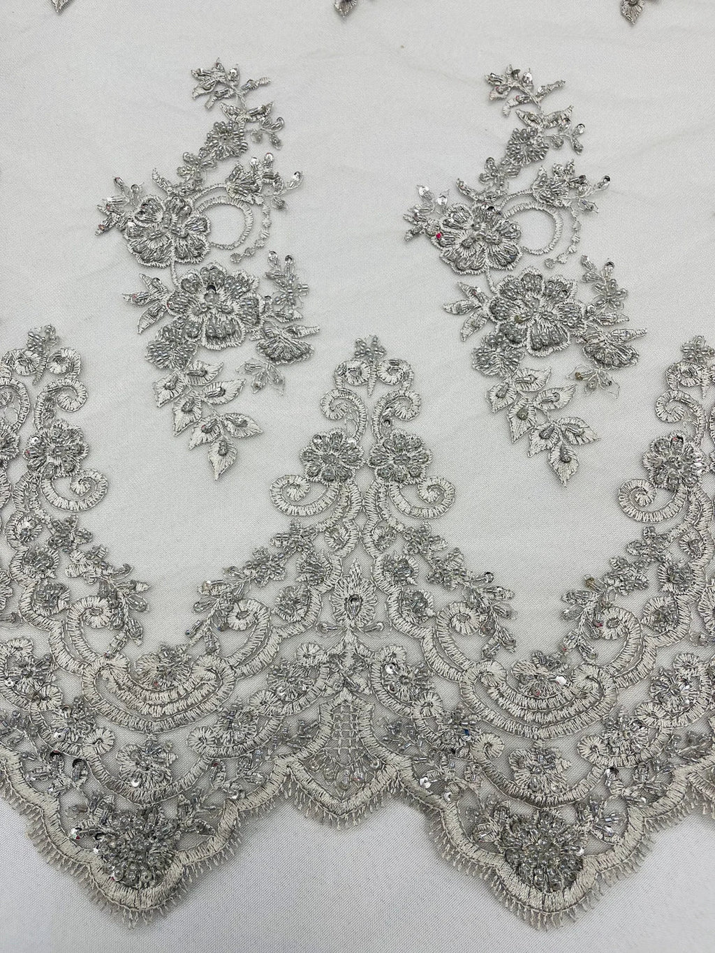 Beaded Floral Fabric - Silver #2 - Embroidered Flower Cluster Beaded Fabric Sold By Yard