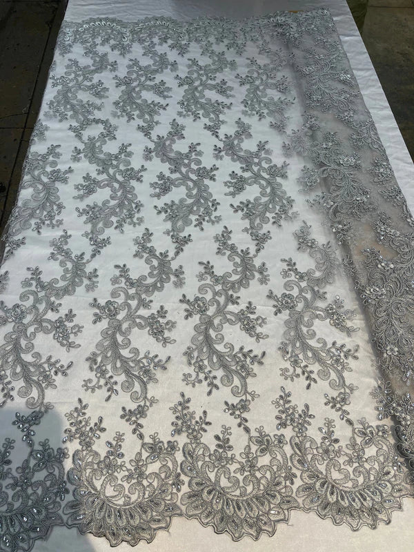 Lace Sequins Fabric - Corded Flower Embroidery Design Mesh Fabric - 25 Yard Roll
