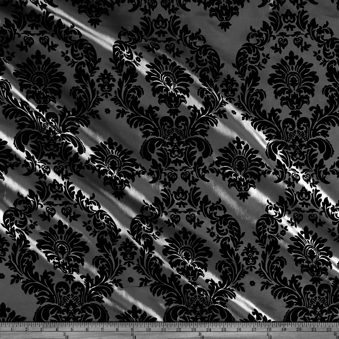 Flocked Taffeta Damask Design - Taffeta with Flocked Velvet Damask Design Sold By Yard