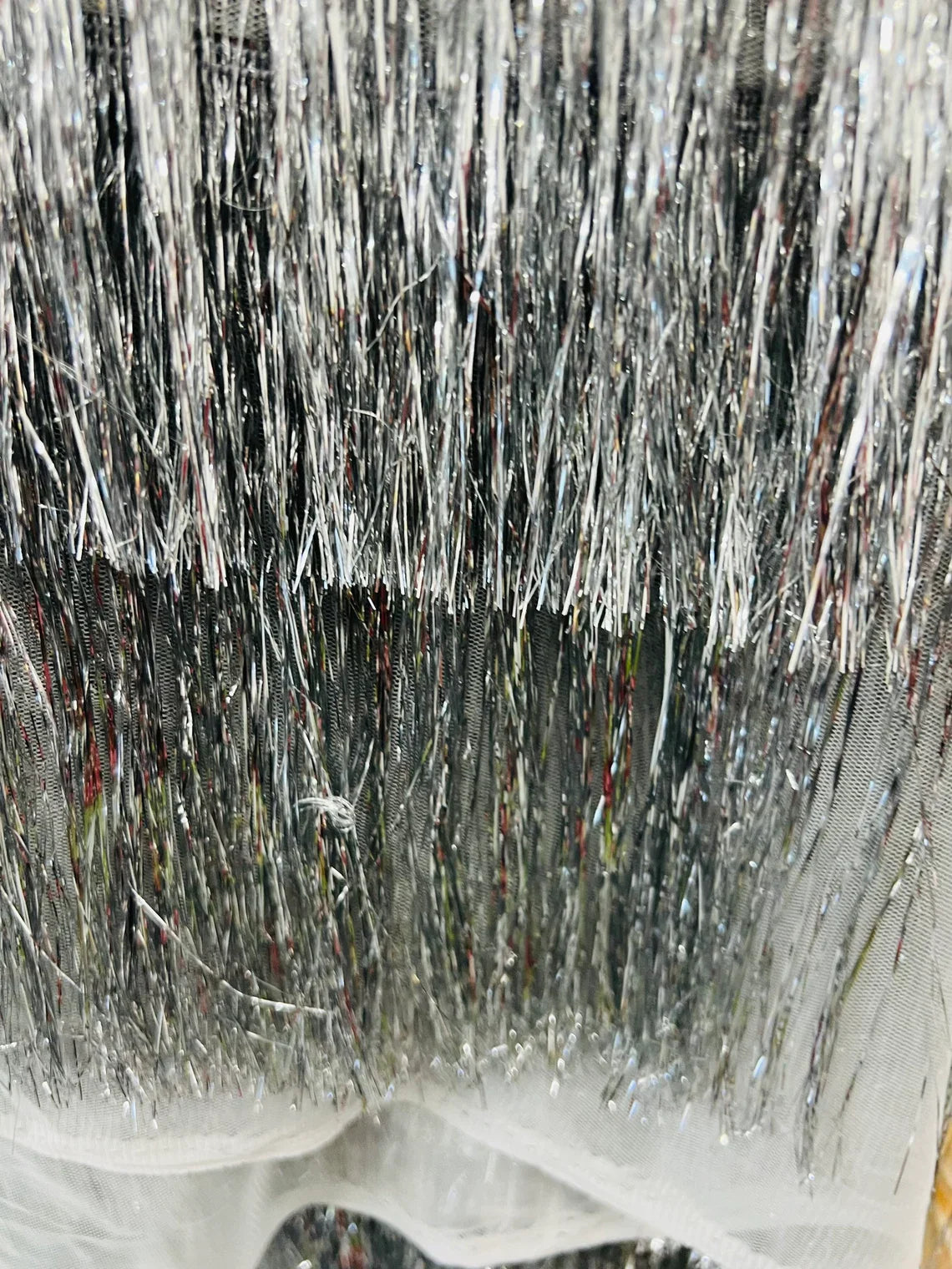 Metallic Fringe Eyelash Design - Silver - Embroidered 2 Way Stretch Fancy Fringe By Yard