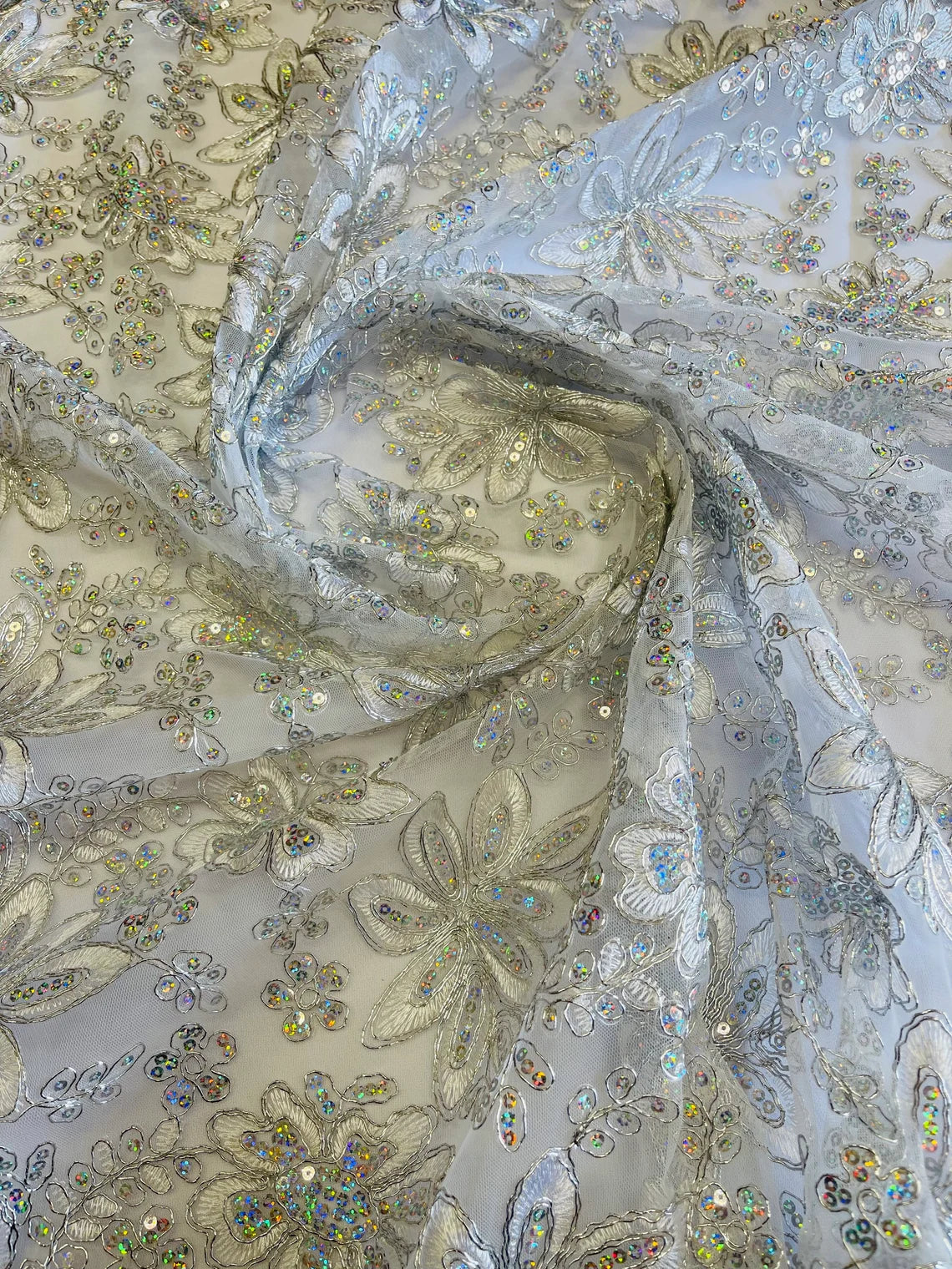 Holographic Sequins Lace - Silver - Flower Sequins Lace Design w/ Metallic Thread by Yard