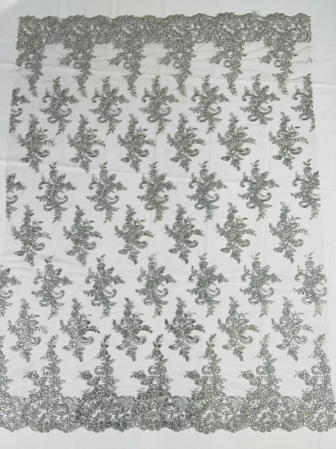 Lace Flower Cluster Fabric - Embroidered Flower With Sequins on a Mesh Lace Fabric - 25 Yard Roll