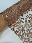 Fancy Wavy Leaf Bead Fabric - Skin / Gold - Leaf Line Beaded Design Embroidered Mesh By Yard
