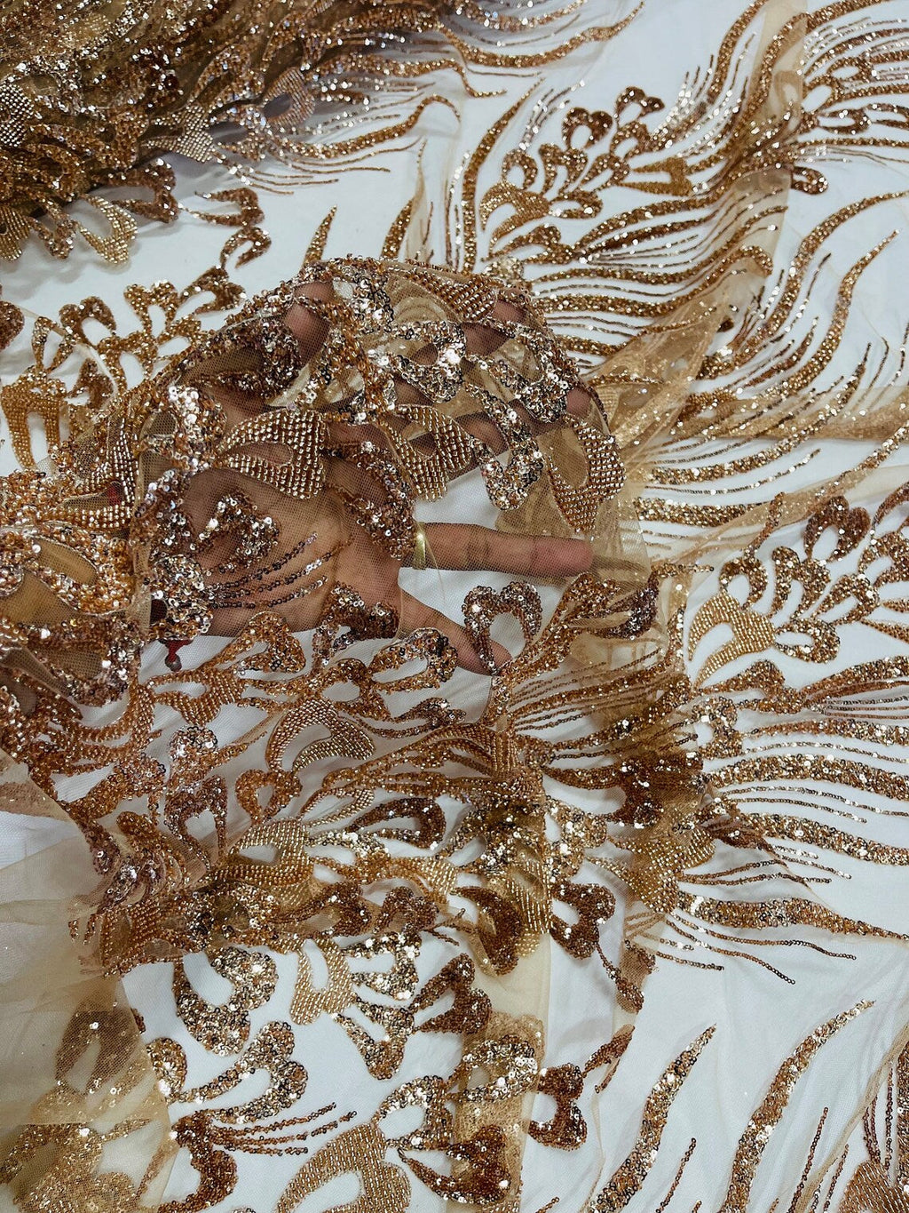 Fancy Wavy Leaf Bead Fabric - Skin / Gold - Leaf Line Beaded Design Embroidered Mesh By Yard