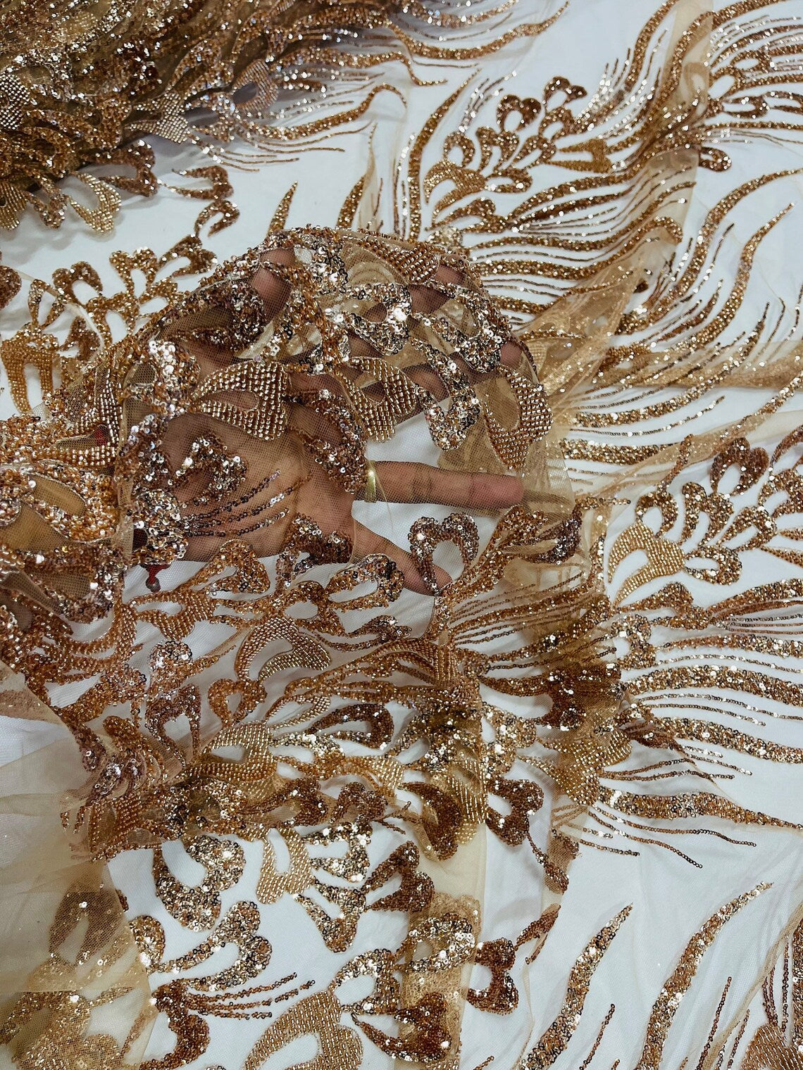 Fancy Wavy Leaf Bead Fabric - Skin / Gold - Leaf Line Beaded Design Embroidered Mesh By Yard