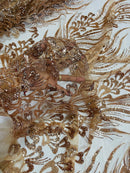 Fancy Wavy Leaf Bead Fabric - Skin / Gold - Leaf Line Beaded Design Embroidered Mesh By Yard