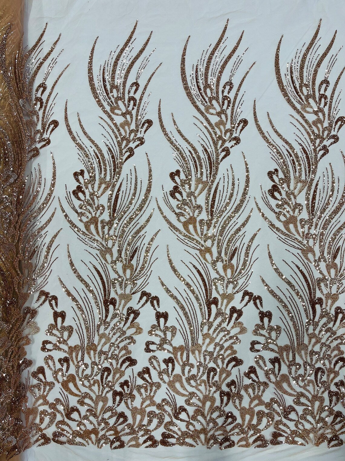Fancy Wavy Leaf Bead Fabric - Skin / Gold - Leaf Line Beaded Design Embroidered Mesh By Yard