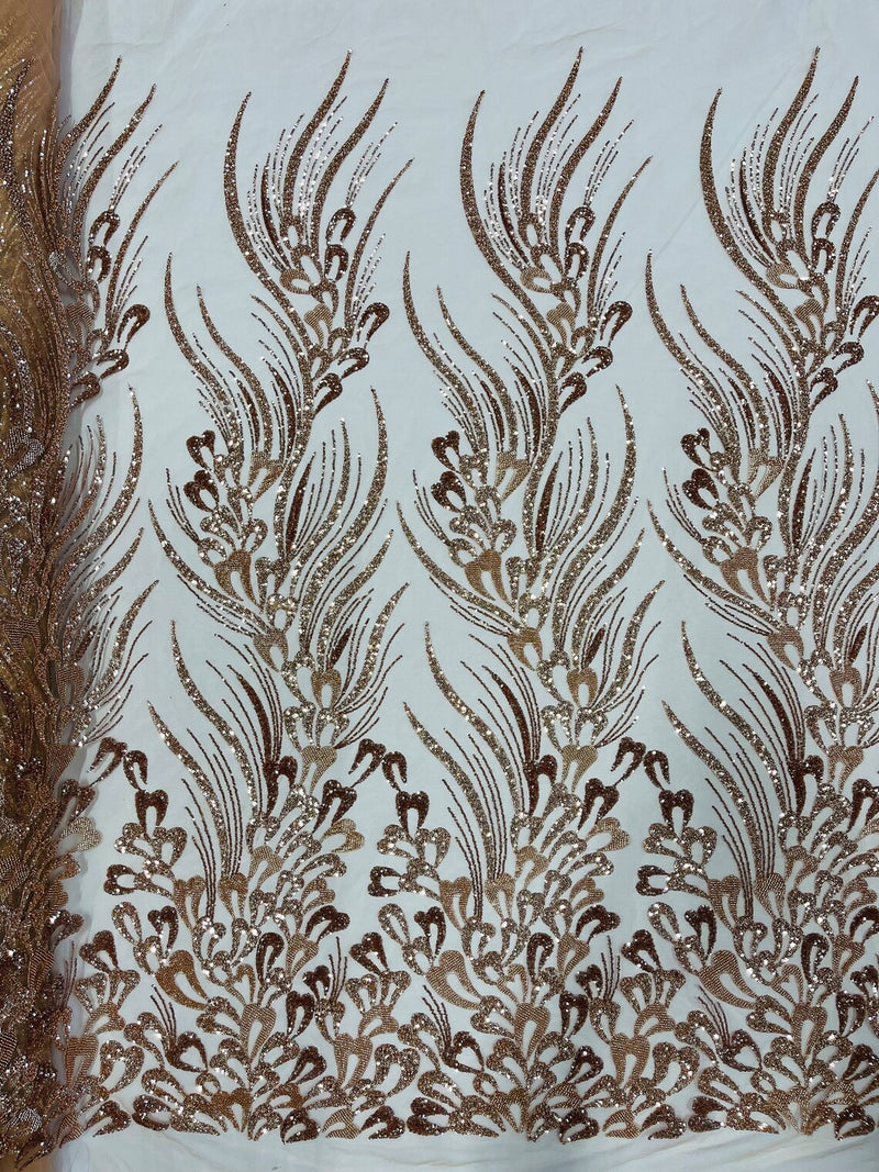 Fancy Wavy Leaf Bead Fabric - Skin / Gold - Leaf Line Beaded Design Embroidered Mesh By Yard