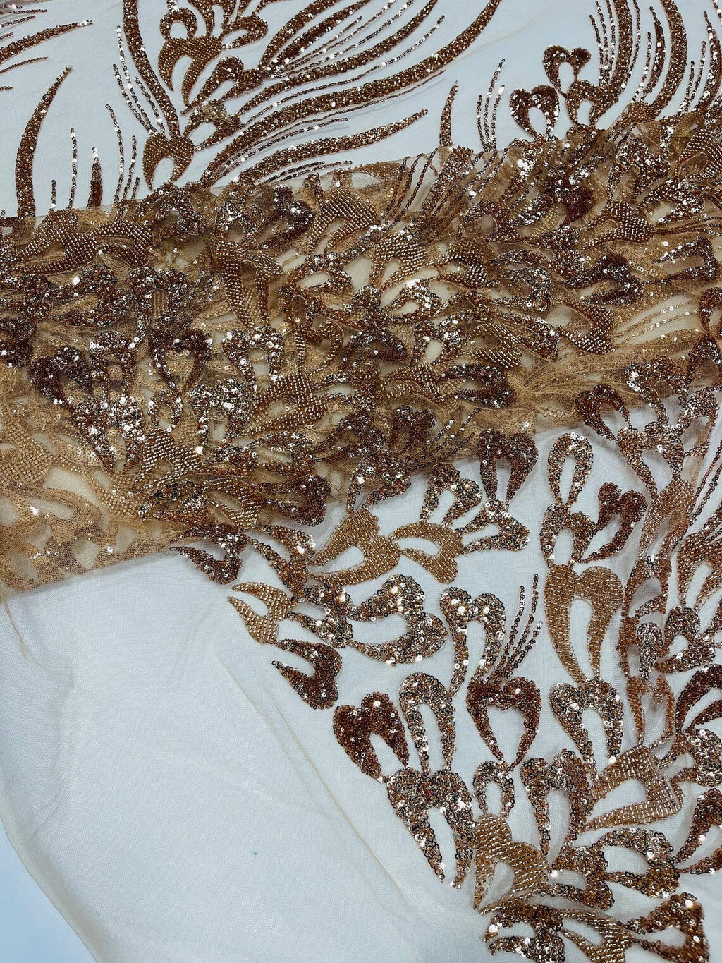 Fancy Wavy Leaf Bead Fabric - Skin / Gold - Leaf Line Beaded Design Embroidered Mesh By Yard