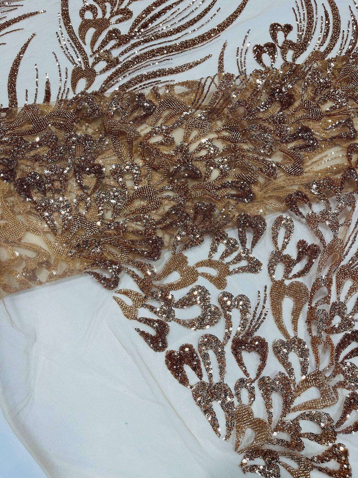 Fancy Wavy Leaf Bead Fabric - Skin / Gold - Leaf Line Beaded Design Embroidered Mesh By Yard