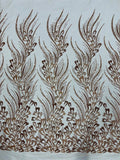 Fancy Wavy Leaf Bead Fabric - Skin / Gold - Leaf Line Beaded Design Embroidered Mesh By Yard