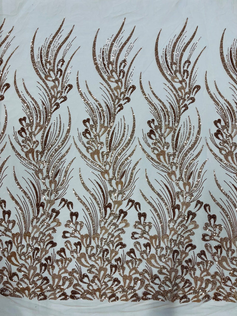Fancy Wavy Leaf Bead Fabric - Skin / Gold - Leaf Line Beaded Design Embroidered Mesh By Yard