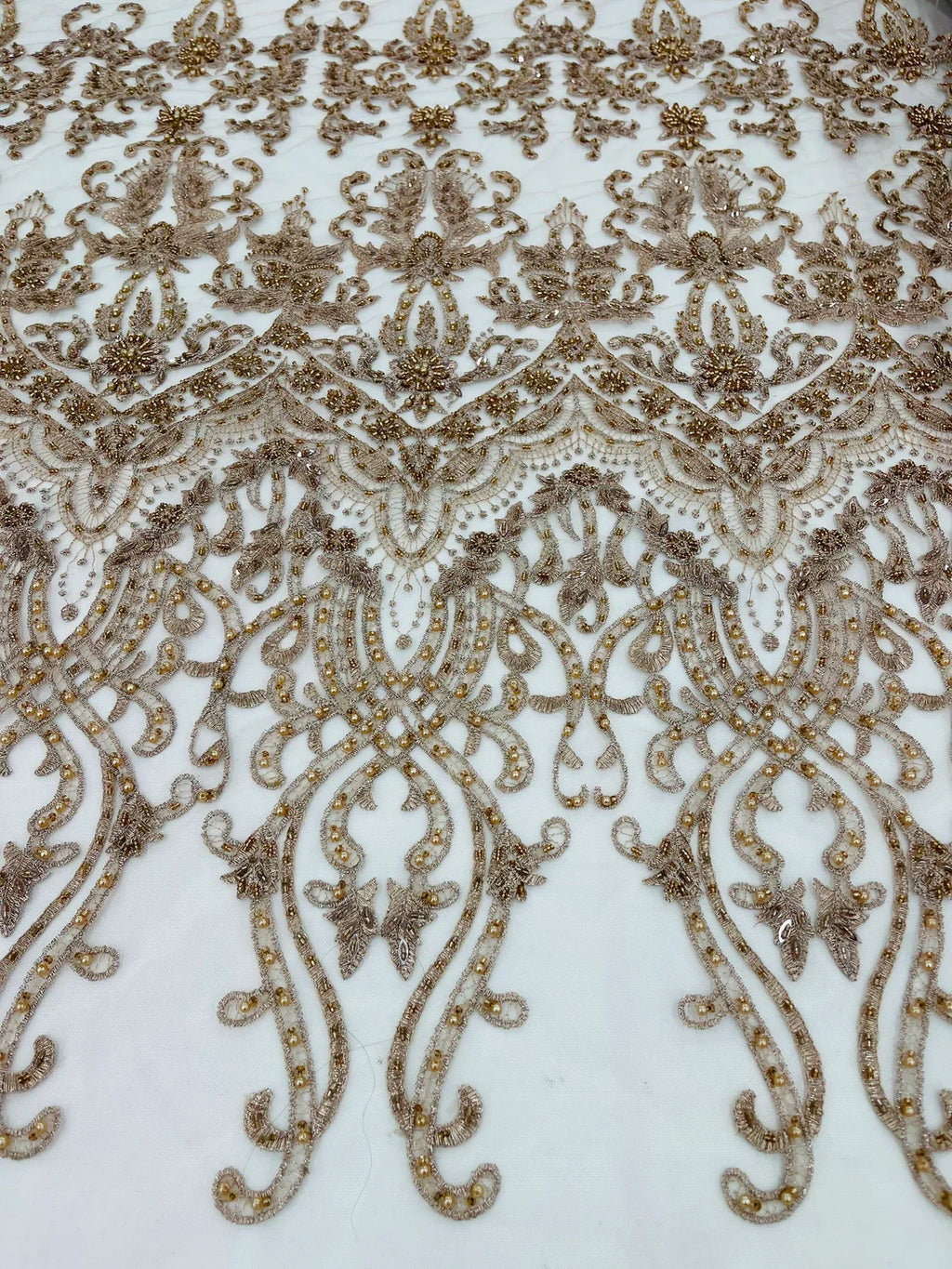 Damask Bead Fabric - Skin / Taupe - Embroidered Glamorous Fabric with Round Beads Sold By Yard