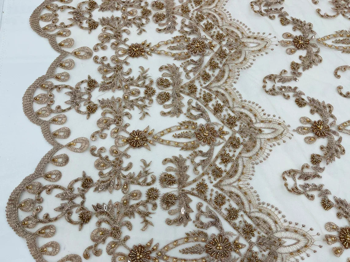 Damask Bead Fabric - Skin / Taupe - Embroidered Glamorous Fabric with Round Beads Sold By Yard