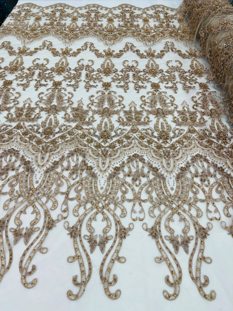 Damask Bead Fabric - Skin / Taupe - Embroidered Glamorous Fabric with Round Beads Sold By Yard