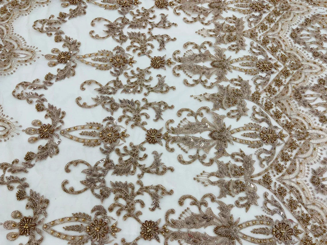 Damask Bead Fabric - Skin / Taupe - Embroidered Glamorous Fabric with Round Beads Sold By Yard