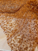 Beaded Floral Plant Design - Skin - Embroidered Beaded Flower Plants Sequins Fabric By Yard