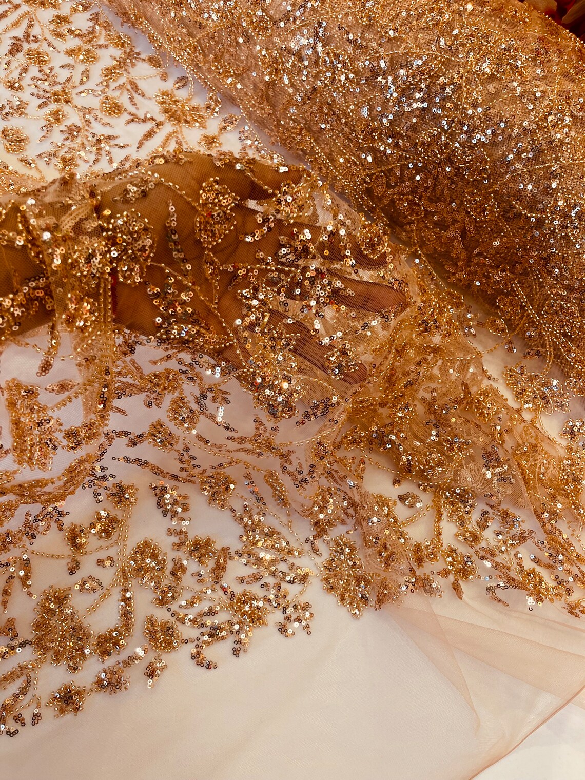 Beaded Floral Plant Design - Skin - Embroidered Beaded Flower Plants Sequins Fabric By Yard
