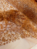 Beaded Floral Plant Design - Skin - Embroidered Beaded Flower Plants Sequins Fabric By Yard