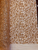 Beaded Floral Plant Design - Skin - Embroidered Beaded Flower Plants Sequins Fabric By Yard