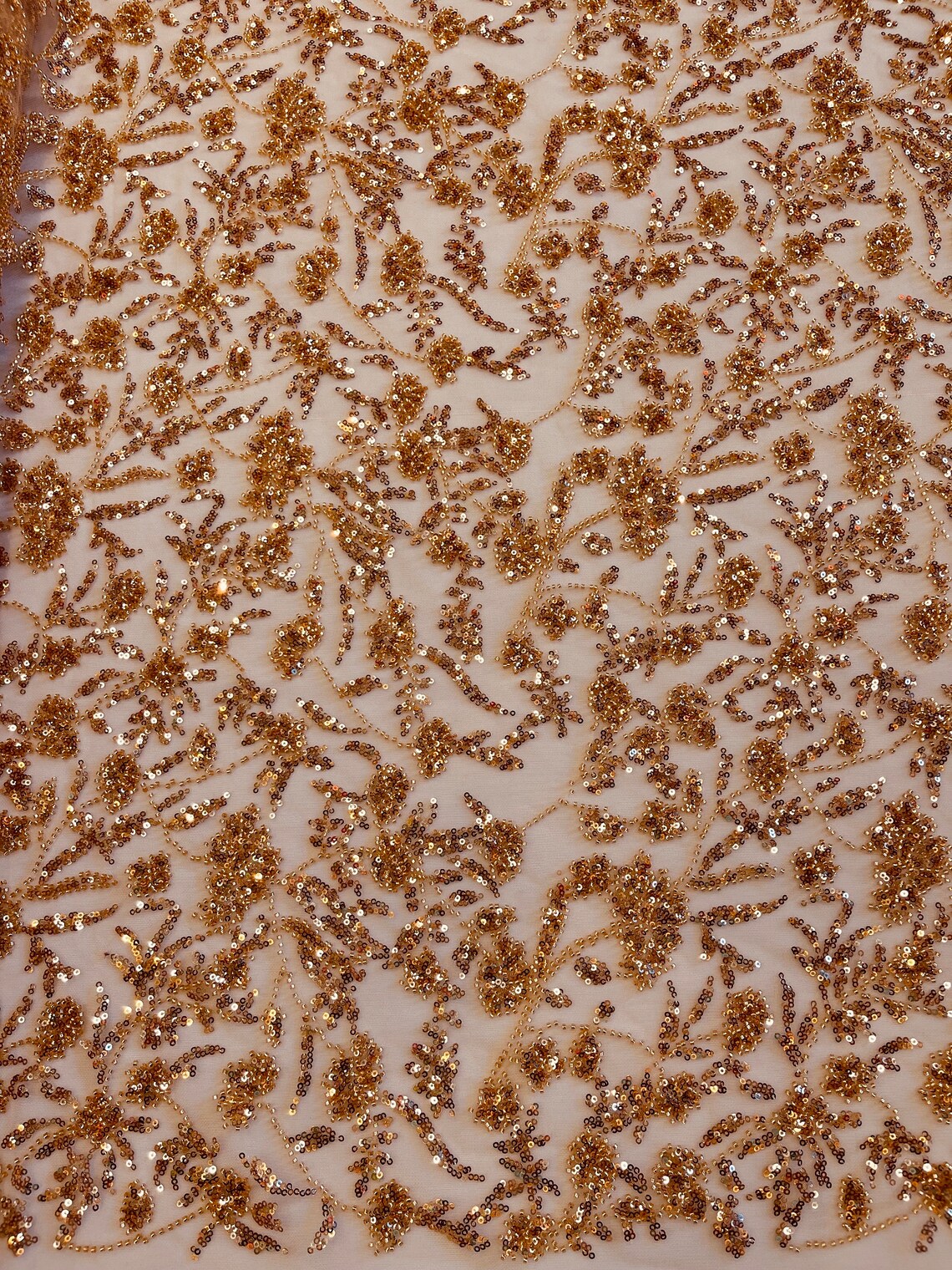 Beaded Floral Plant Design - Skin - Embroidered Beaded Flower Plants Sequins Fabric By Yard