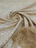3D Beaded Lace Fabric - Skin / Gold - Heavy Embroidery Handmade Lace, Beaded Fabric By Yard