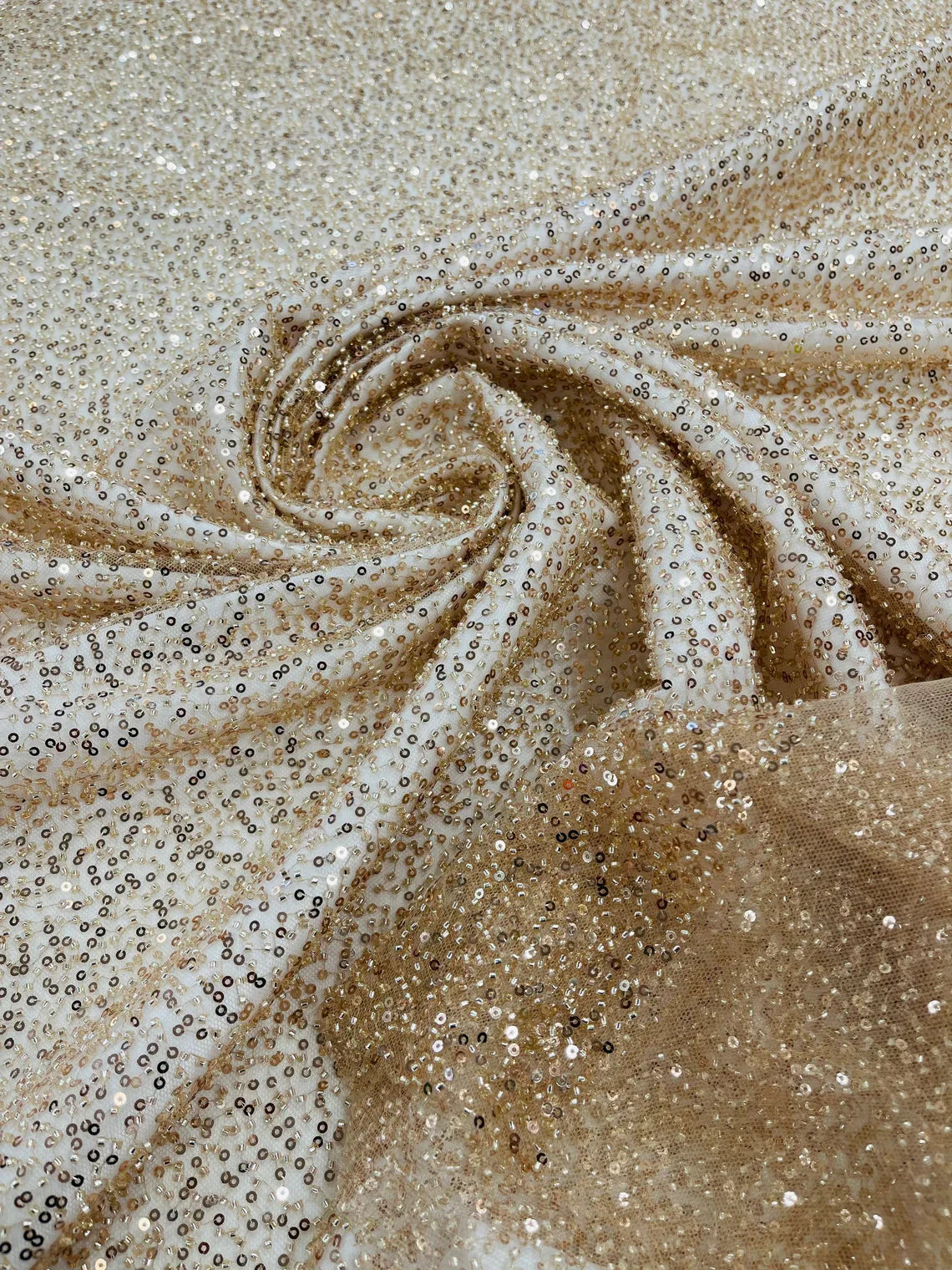 3D Beaded Lace Fabric - Skin / Gold - Heavy Embroidery Handmade Lace, Beaded Fabric By Yard