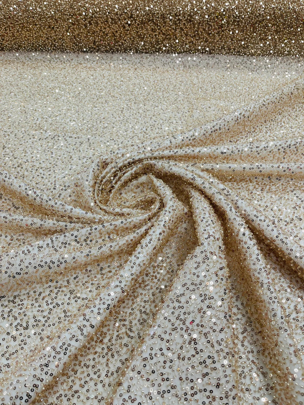 3D Beaded Lace Fabric - Skin / Gold - Heavy Embroidery Handmade Lace, Beaded Fabric By Yard