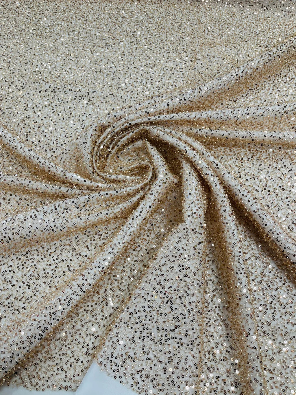 3D Beaded Lace Fabric - Skin / Gold - Heavy Embroidery Handmade Lace, Beaded Fabric By Yard