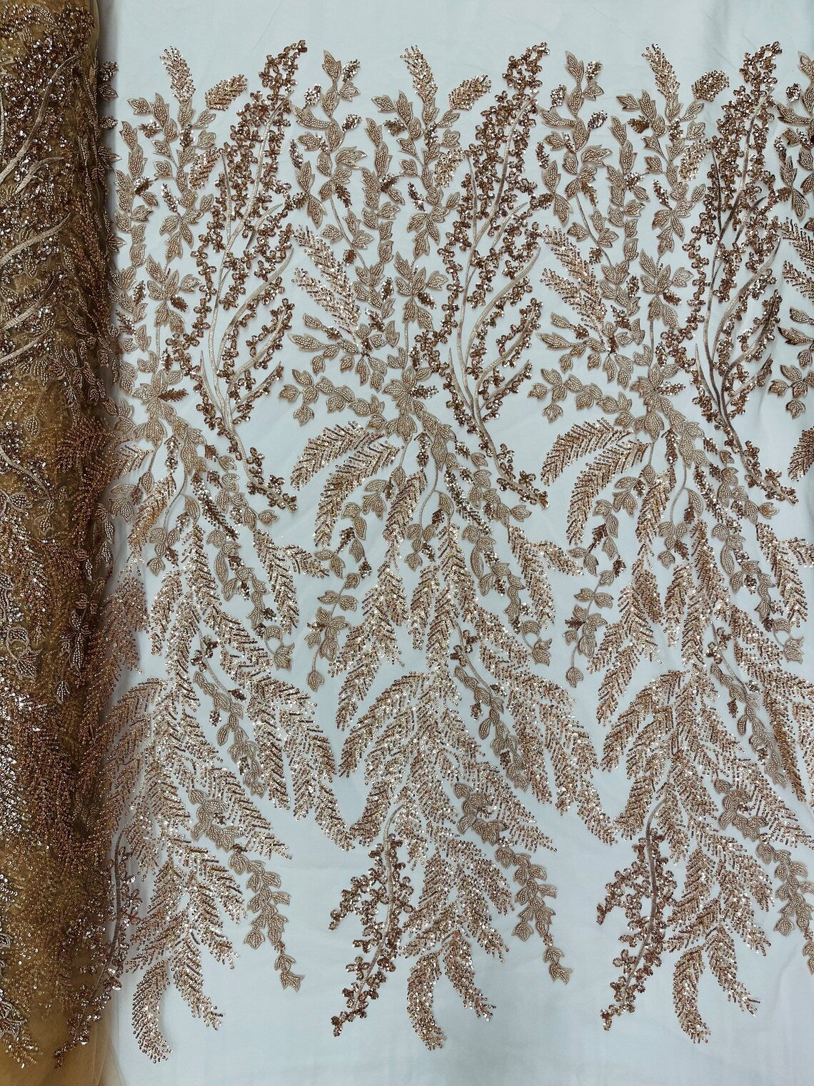 Floral Leaf Bead Sequins Fabric - Skin Rose - Leaf Nature Beaded Sequins Lace Fabric by the yard