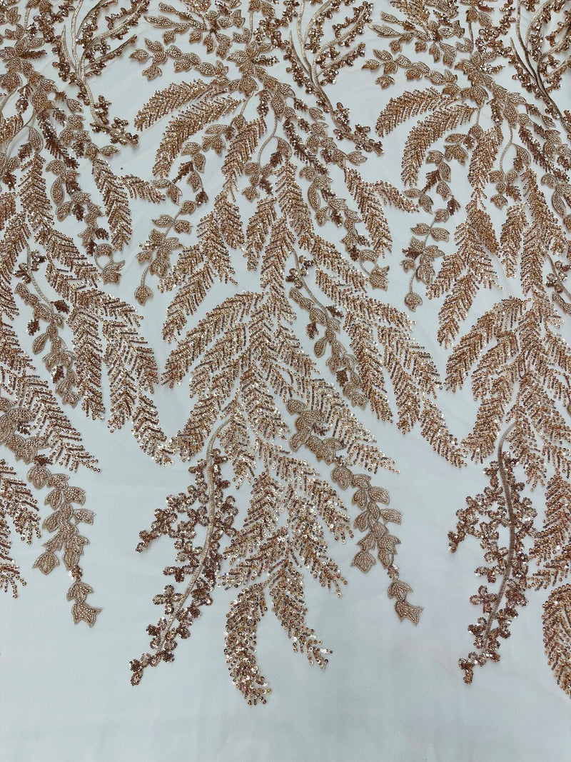 Floral Leaf Bead Sequins Fabric - Skin Rose - Leaf Nature Beaded Sequins Lace Fabric by the yard