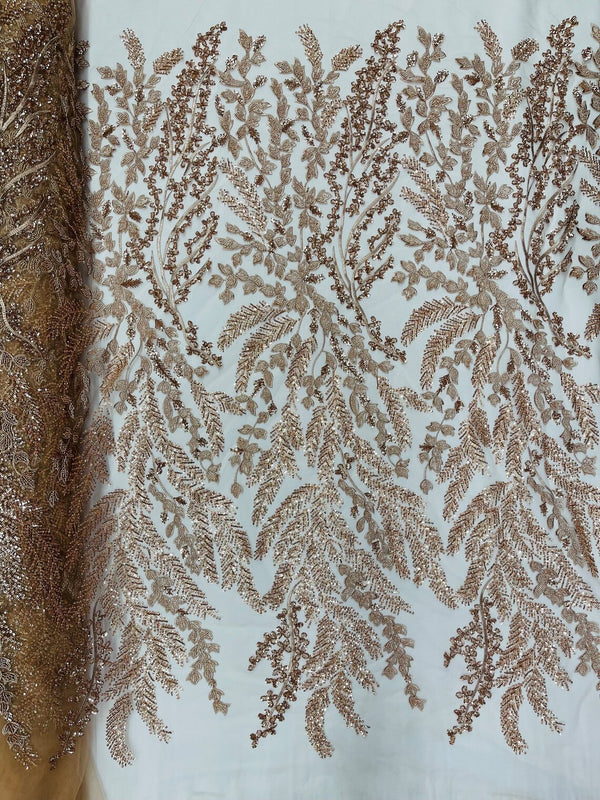 Floral Leaf Bead Sequins Fabric - Skin Rose - Leaf Nature Beaded Sequins Lace Fabric by the yard