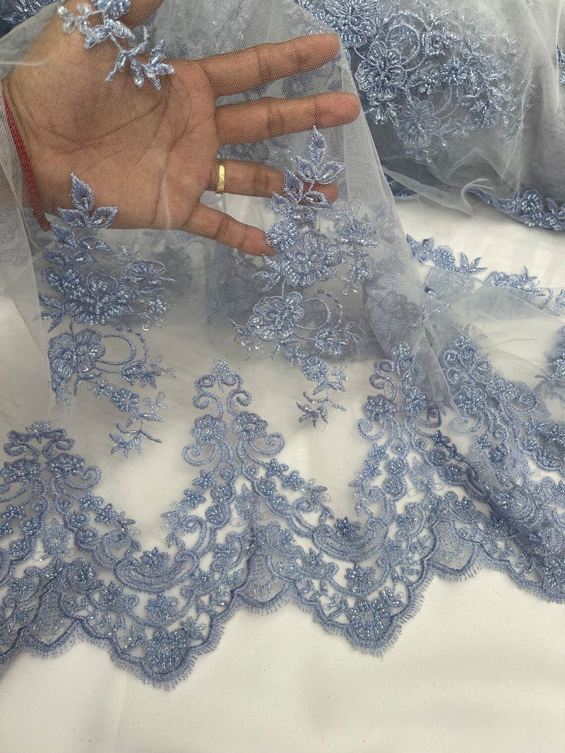 Beaded Floral Fabric - Sky Blue - Embroidered Flower Cluster Beaded Fabric Sold By Yard