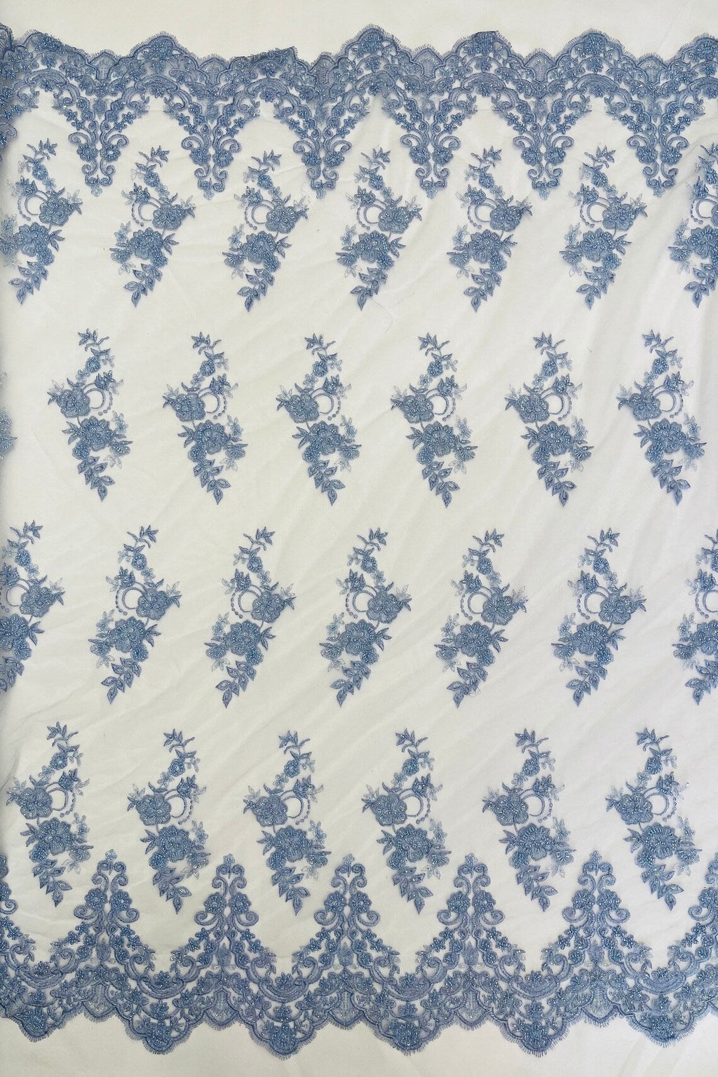Beaded Floral Fabric - Sky Blue - Embroidered Flower Cluster Beaded Fabric Sold By Yard
