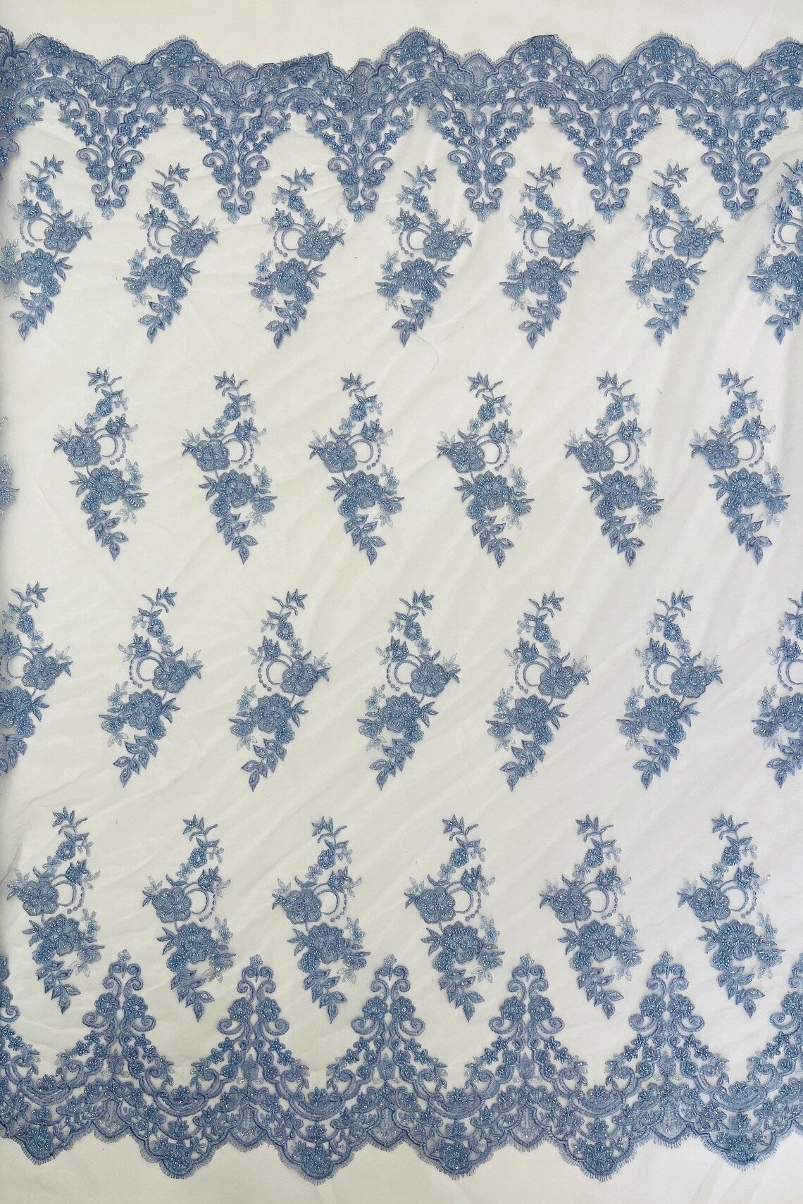 Beaded Floral Fabric - Sky Blue - Embroidered Flower Cluster Beaded Fabric Sold By Yard