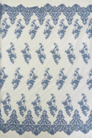 Beaded Floral Fabric - Sky Blue - Embroidered Flower Cluster Beaded Fabric Sold By Yard