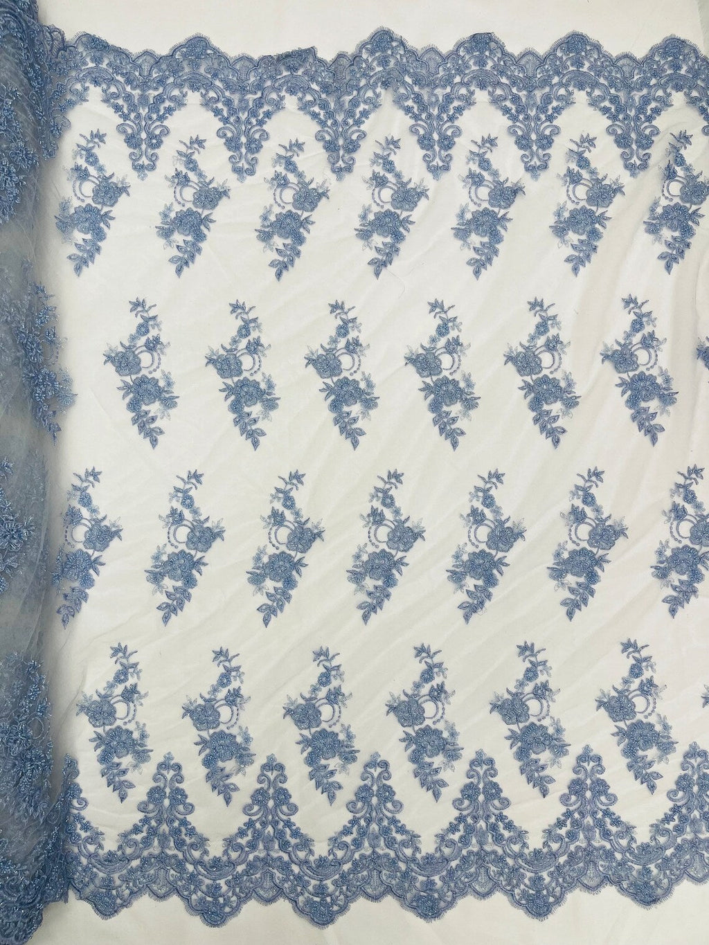 Beaded Floral Fabric - Sky Blue - Embroidered Flower Cluster Beaded Fabric Sold By Yard