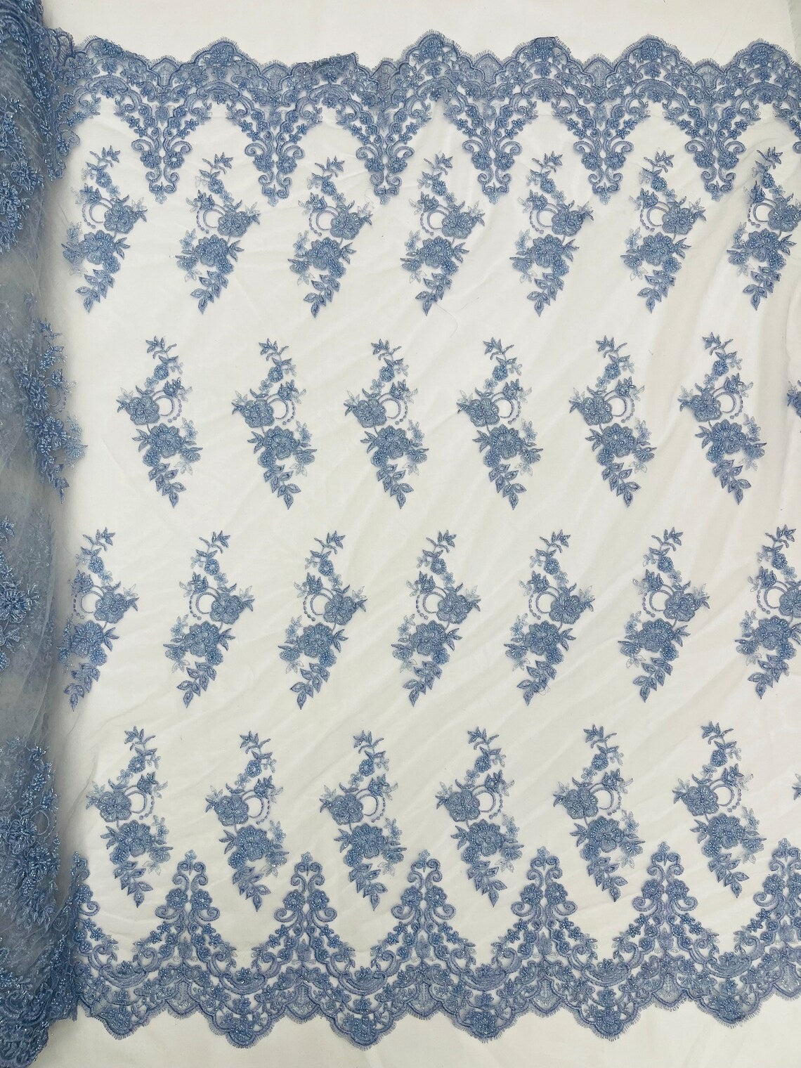 Beaded Floral Fabric - Sky Blue - Embroidered Flower Cluster Beaded Fabric Sold By Yard
