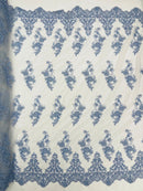 Beaded Floral Fabric - Sky Blue - Embroidered Flower Cluster Beaded Fabric Sold By Yard