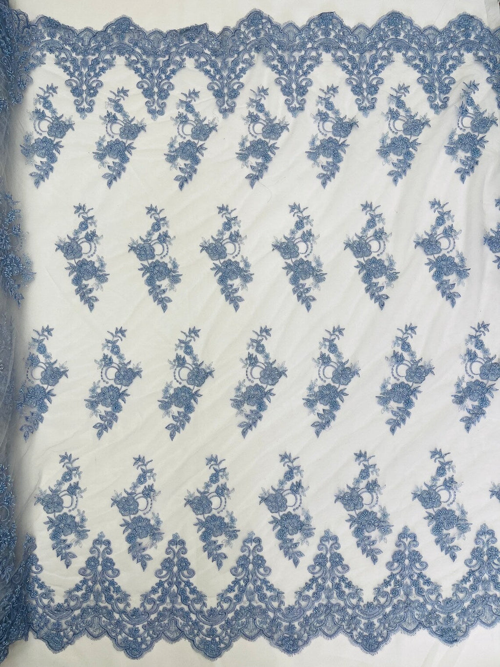 Beaded Floral Fabric - Sky Blue - Embroidered Flower Cluster Beaded Fabric Sold By Yard