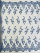 Beaded Floral Fabric - Sky Blue - Embroidered Flower Cluster Beaded Fabric Sold By Yard