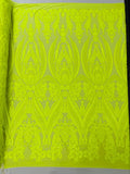 Big Damask Sequins Fabric - Neon Yellow Solid - 4 Way Stretch Damask Sequins Design Fabric By Yard