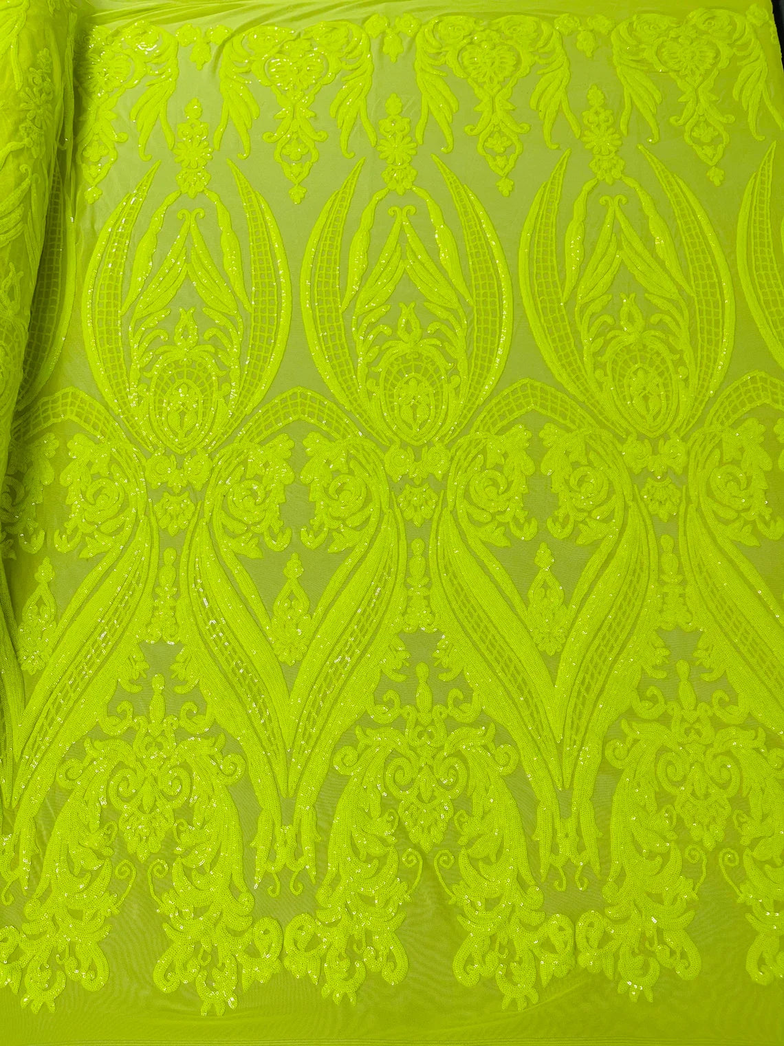 Big Damask Sequins Fabric - Neon Yellow Solid - 4 Way Stretch Damask Sequins Design Fabric By Yard